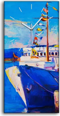 Produktbild von Wanduhr Uhr Wandbild Leinwand 30x60 Gemälde Hafen Meer Schiffe Himmel Kunst - weiße Hände