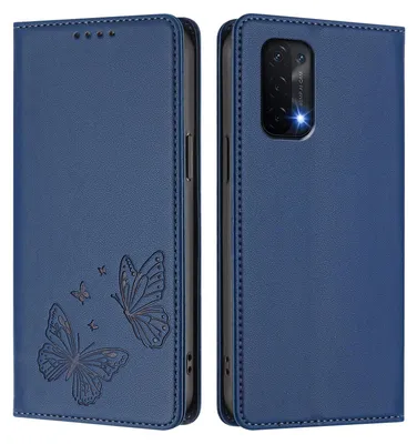Obrázek produktu pro Kožené pouzdro pro Oppo A54 5G/Oppo A74 5G, motýlí ražbou, peněženkové flip pouzdro se stojánkem Tmavě modrá