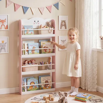 Produktbild von Kinderbücherregal Wand, 4 Etagen Wandregal Kinderzimmer, Bücherregal Kinder MDF Kiefer, Rosa | 60 x 15 x 120,5 cm | 8,4 kg