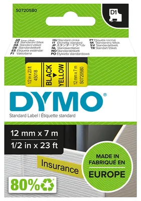 Produktbild von DYMO Original D1-Etikettenband | schwarz auf gelb | 12 mm x 7 m | selbstklebendes Schriftband | für LabelManager-Beschriftungsgerät