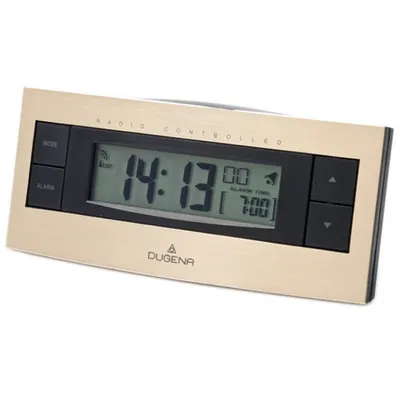 A digital alarm clock with a gold-colored frame and a black display.