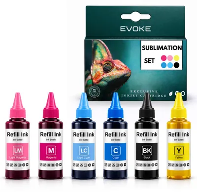 Produktbild von Evoke kompatible Sublimationstinte für Epson 6x CMYK:Schwarz,Cyan,Magenta,Gelb,Hellcyan,Hellmagenta 400 ml EcoTank and CISS