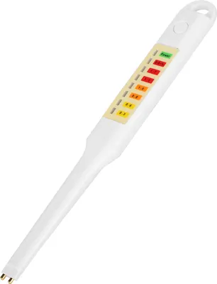 A white handheld salt meter with a color-coded LED display showing different salt concentration levels.