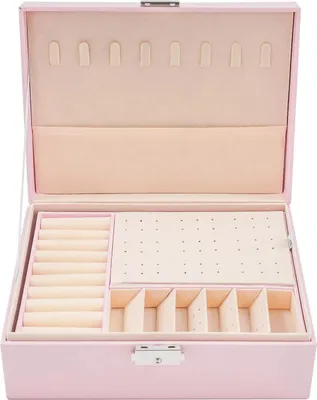 Produktbild von Schmuckkästchen / Schmuckbox - 2 Ebenen - Kunstleder - Samtfutter - Fächer für Schmuck & Uhren - 22,8 × 17 × 8,5 cm - Metallschloss - Rosa