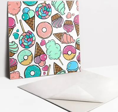 Produktbild von Fliesenaufkleber Set - 9 Stück Selbstklebende PVC Fliesen-Designs - Für Bad und Küche 30 x 30 - Süßigkeiten zeichnen