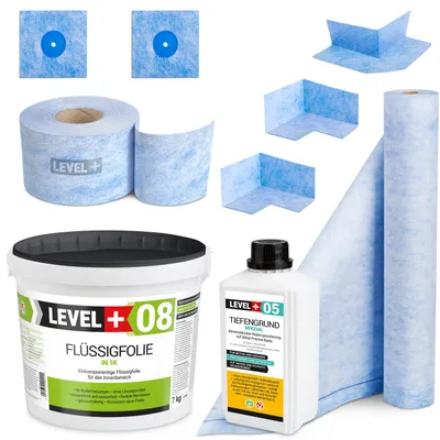Obrázek produktu pro Hydroizolační sada Tekutá fólie 7kg Těsnicí páska 5mb Základní nátěr 1L Rohož 2m² - LEVEL+ SET40