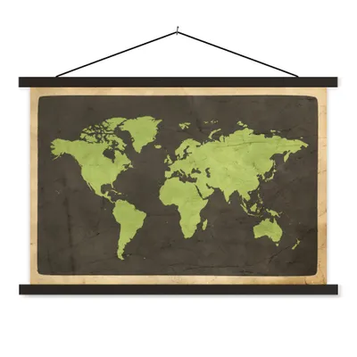 Produktbild von MuchoWow® Textilposter Weltkarte - Grün - Vintage 60x40 cm mit schwarzem Rahmen - Hölzernes