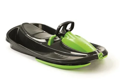 A black and green plastic sled with a steering wheel, shown on a white background.