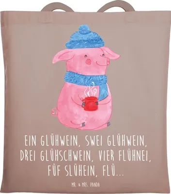 Produktbild von Mr. & Mrs. Panda Tote Bag Schweinchen Glühwein - Braun Pastell - Geschenk, Weihnachtsmarkt, Weihnachten, Jutebeutel, Laptoptasche, Shopping Tasche, canvas, Spruch