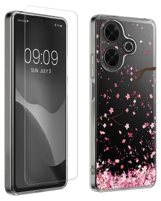 Produktbild von kwmobile Hülle kompatibel mit Xiaomi Redmi 13 Handyhülle - Silikon Case transparent - Mit Glas Schutzfolie - Kirschblütenblätter Rosa Dunkelbraun