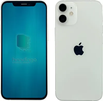 A white iPhone 12 shown from the back and a front view of the screen with a logo and text.