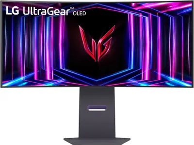 A curved LG UltraGear OLED monitor displaying a vibrant, abstract graphic with the LG logo.