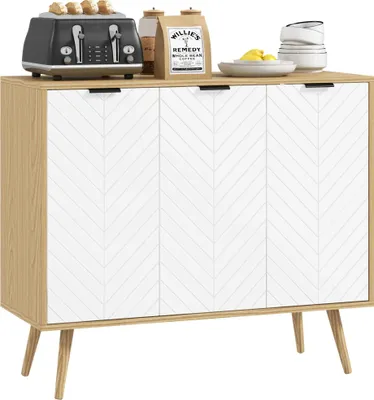 Obrázek produktu pro Příborník - Komoda - 3 dvířka - Nastavitelné police - Nosnost 50 kg - 91,5 × 35 × 77,4 cm - Bílá a přírodní barva