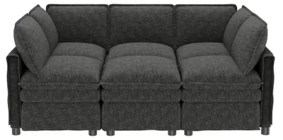 Zdjęcie produktu dla Modułowa, narożna sofa dla 6 osób - kształt litery L - funkcja spania - ruchomy podnóżek - obicie z tkaniny typu chenille - nowoczesny design - kolor: szary