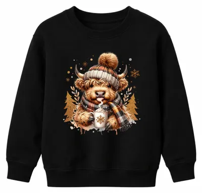 Produktbild von Highland Kuh Schal Becher Schottisches Hochlandrind Kinder Sweatshirt Pullover, Schwarz, 140