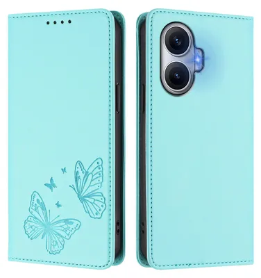 Obrázek produktu pro Kožené pouzdro pro Xiaomi Poco F7/Redmi Turbo 4 Pro, motýlí ražbou, peněženkové flip pouzdro se stojánkem Mátově zelená