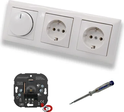 Produktbild von EBROM 1001 LED Drehdimmer Dimmer + Busch Jäger Dimmerscheibe 2115-914 und 2 x Steckdose mit Kinderschutz 20EUCKS-914 in Balance Si alpinweiß glänzend + EBROM Phasenprüfer z. Montage der Geräte
