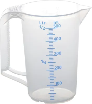 Produktbild von Hünersdorff Messkanne 500ml Polypropylen Durchmesser 90 x Höhe 135mm blaue Skala 10:10 transparent - 935000