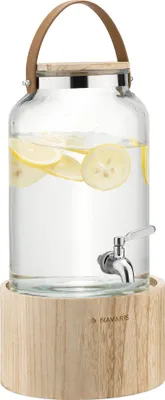Produktbild von Navaris Getränkespender 5,6 Liter aus Glas - Zapfhahn aus Edelstahl mit Holz Ständer - Wasserspender Glasbehälter für kalte Getränke - mit Ledergriff