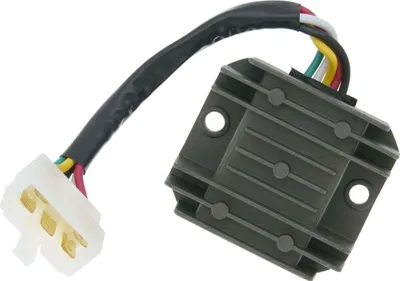 A motorcycle voltage regulator/rectifier with a wiring harness and connector, isolated on a white background.