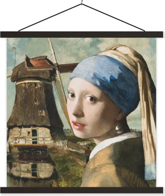 Produktbild von MuchoWow® Textilposter Das Mädchen mit dem Perlenohrring - Vermeer - Windmühle 60x60 cm mit schwarzem Rahmen - Posteraufhänger