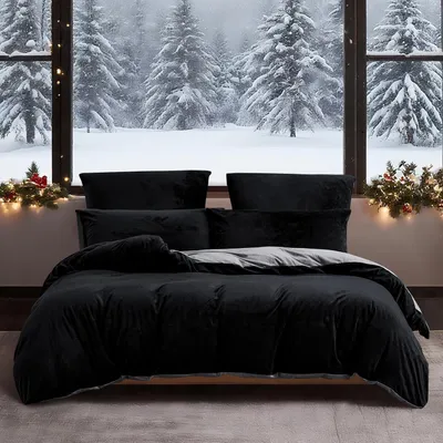 Produktbild von Winter Bettwäsche 220x240 cm Schwarz Grau 3-teilig Plüsch-Mikrofaser Wendebettwäsche mit Reißverschluss