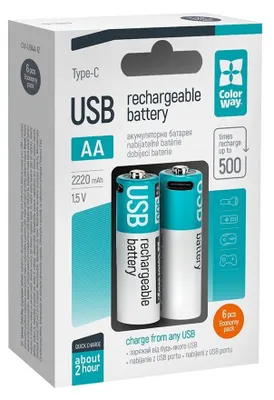 Productafbeelding van Colorway AA-batterijen, 2200mAh, met USB-C aansluiting, 1,5V, 6 stuks per verpakking