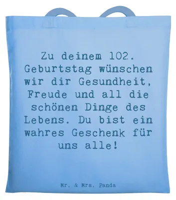 Produktbild von Mr. & Mrs. Panda dokumententasche Spruch 102. Geburtstag - Sky Blue - Geschenk, Happy Birthday, Jutebeutel, Beutel, Glück, Meilenstein feiern, Geburtstagsfeier, Tote Bag