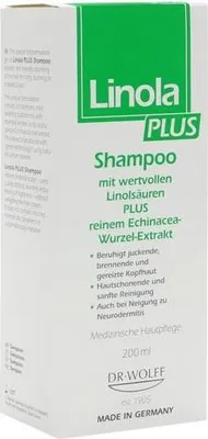 A product box for Linola PLUS Shampoo.