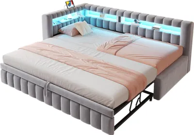 Produktbild von Merax Polsterbett 90×201cm mit Ausziehbett, Tagesbett mit LED und Kopfteil-Ablagen, Schlafsofa mit USB-Ladeanschluss,Kinderbett mit Samtstoff Hellgrau