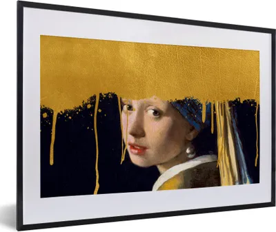 Produktbild von MuchoWow® Gerahmtes Poster Mädchen mit einem Perlenohrring - Gold - Vermeer 60x40 cm - Poster mit Schwarzem Bilderrahmen Wandposter Rahmen Foto Bilder - Schlafzimmer - Plakat in Rahmen - Drucken