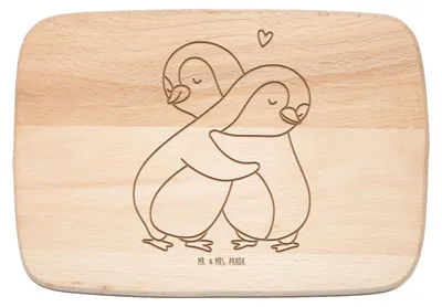 Produktbild von Mr. & Mrs. Panda Holzbrett Pinguine Kuscheln - Transparent - Geschenk, Valentinstag, Frühstücksbrett, Hochzeitstag, vesperbrett, Holzbrettchen, Freundin, für Partner