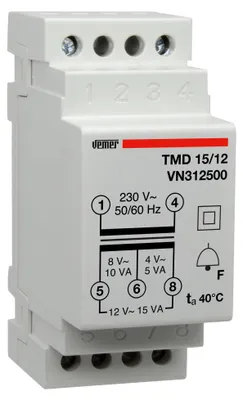 Produktbild von VEMER VN312500 TMD 15/12 - Klingeltrafo für Hutschienen, Trafo mit Primärspannung 230V, Sekundärspannung 4-8-12V und Leistung 15VA, Weiß