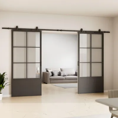 Produktbild von Loftschiebetür 2-flügelig, Stahl schwarz mit Klarglas Einsatz, 1800x2150 mm, Komplettset, offene Laufschiene, Softclose