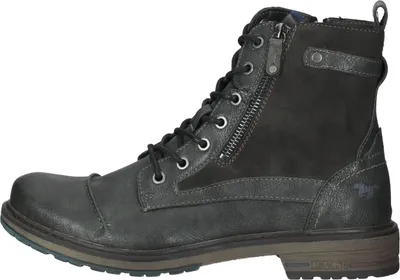 A side view of a single black men's boot.