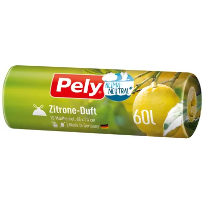 A roll of trash bags with a lemon design and branding.