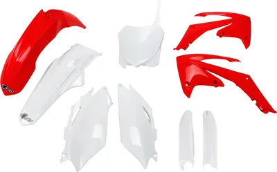Obrázek produktu pro Sada krytů UFO PLAST, 9dílná sada plastových krytů s ochranou vidlice pro Honda CRF R 250 / 450 ccm, rok výroby 2011–2013, barva: červená / bílá