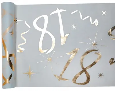 Immagine prodotto di Runner da tavola in pile per il 18° compleanno - 30 cm x 5 m - bianco e oro