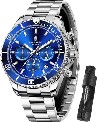 Produktbild von Herren Chronograph Uhr Analog Quarz 50M Wasserdicht mit Kalender, Edelstahlarmband, Leuchtzeiger, Business & Freizeit Armbanduhr