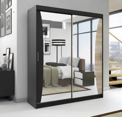 Produktbild von Schwebetürenschrank, 2-türig Schrank mit Spiegel! Moderne Garderobe für Kleidung. Verschiedene Farben (Weiß, Schwarz, Somona) Kleiderschrank NIKO 180 cm