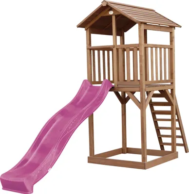 Produktbild von AXI Beach Tower Spielturm aus Holz in Braun | Spielhaus für Kinder mit lila Rutsche und Sandkasten | Stelzenhaus für den Garten