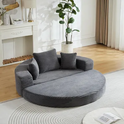 Produktbild von Vielseitiges 2-in-1 Schlafsofa für kompakte Wohnräume, nutzbar als halbrundes Sofa oder rundes Tagesbett, Armlehnen mit Stofftaschen, grau