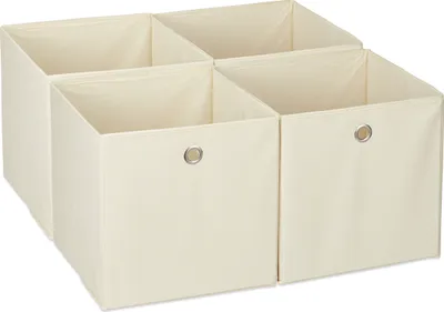 Zdjęcie produktu dla Zestaw 4 pojemników do przechowywania Relaxdays, składane pojemniki na półki, wymiary: 30 x 30 x 30 cm, otwory na uchwyty, pojemniki składane na półki, beżowe