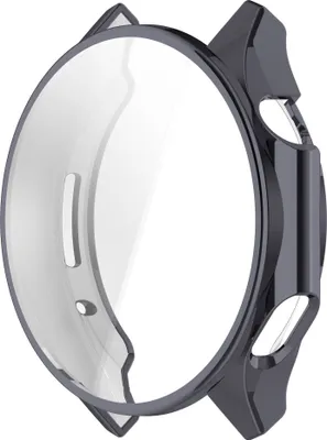 A close-up studio shot of a dark gray watch case.