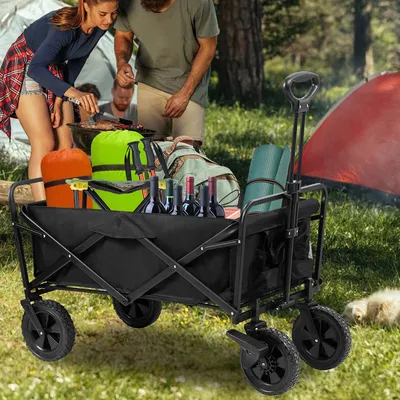 Produktbild von Jiubiaz Bollerwagen faltbar Handwagen Transportkarre Gerätewagen | klappbar | Vollgummi-Reifen | bis 100 kg Tragkraft transportwagen Gartenanhänger ohne Dach, Farbe:Schwarz