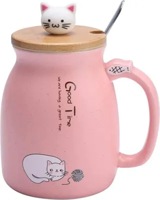 Produktbild von Keramik-Kaffeebecher mit Deckel, Edelstahllöffel, 450 ml (Katzenbecher)