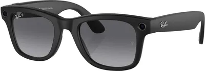 A pair of black Ray-Ban Wayfarer sunglasses with polarized lenses.