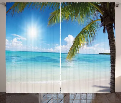 Produktbild von ABAKUHAUS Strand Rustikaler Vorhang, Tropical Seashore Palms, Wohnzimmer Universalband Gardinen mit Schlaufen und Haken, 280 x 175 cm, Farngrün Himmelblau