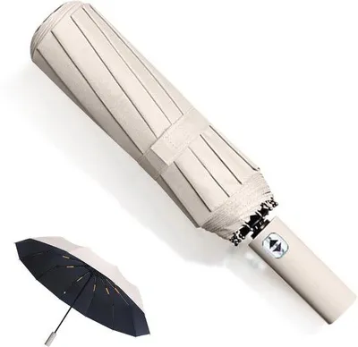 Produktbild von Unyqoos® Automatischer sturmfester Regenschirm, wasserabweisend, 99% UV‑Schutz (schwarz gummiert), 60 Glasfaserstreben, Metall‑Schaft, Ø104 cm, 32 cm