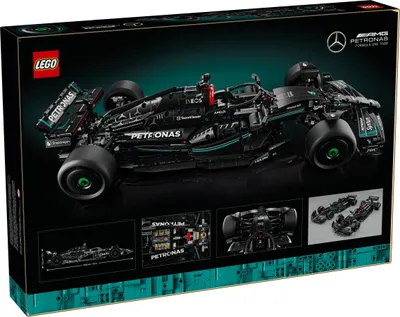 The back of a LEGO Technic Mercedes-AMG F1 W14 E Performance car set box, showing the assembled model and detail shots.